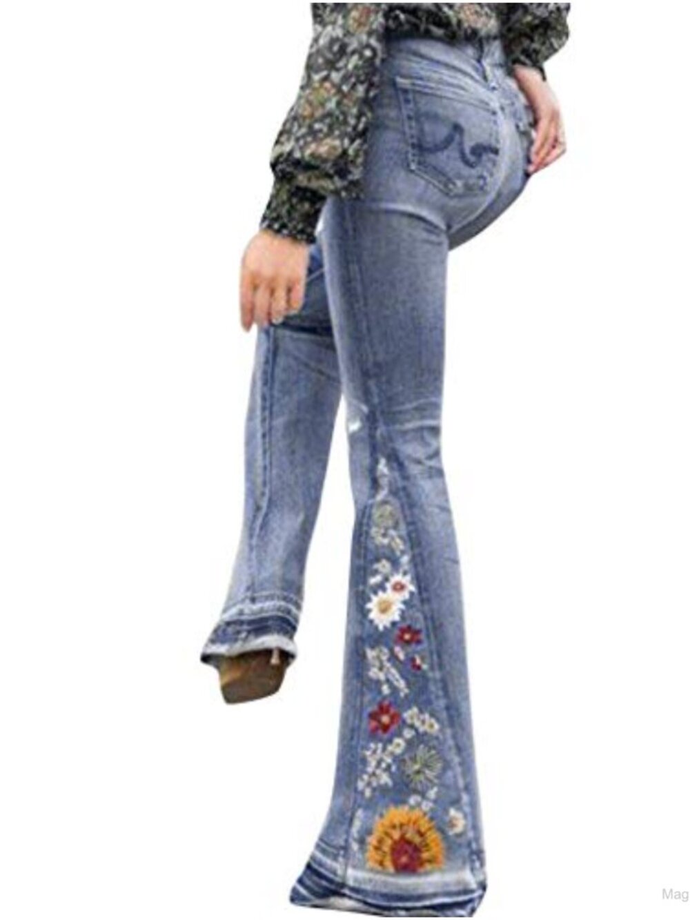 Embroidered Bell Bottom Jeans Flare Denim Stretch 70s Hippie